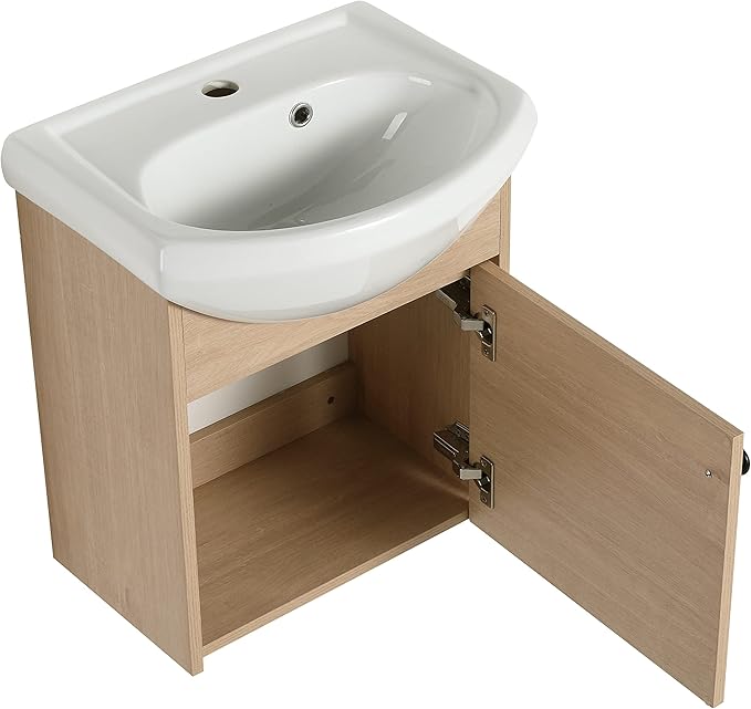 Malwee 18" Floating Bathroom Vanity with Sink, 18 Inch Wall Mounted Bathroom Cabinet Single Sink Combo, with 1 Soft Close Door and White Ceramic Basin Top for Small Space, Space-Saving Design (023-18)