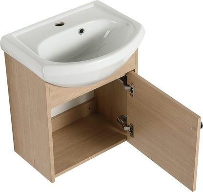 Malwee 18" Floating Bathroom Vanity with Sink, 18 Inch Wall Mounted Bathroom Cabinet Single Sink Combo, with 1 Soft Close Door and White Ceramic Basin Top for Small Space, Space-Saving Design (023-18)