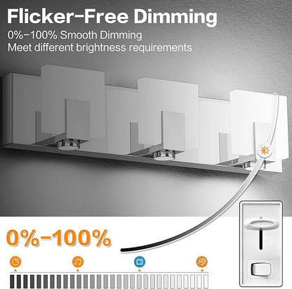 SOLFART Bathroom Lighting Fixtures Over Mirror Chrome 3 Light Bathroom Vanity Light Dimmable LED Lights Stainless Steel Acrylic