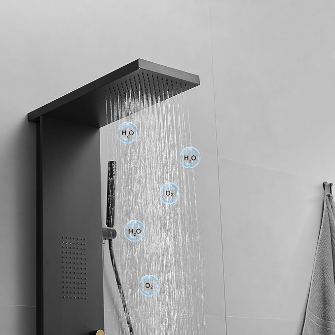 BWE 3 IN 1 Shower Panel Tower System Stainless Steel Shower Panel Rainfall Shower Head with Handheld Shower and Massage Body Jets Wall Mount Shower System,Matte Black
