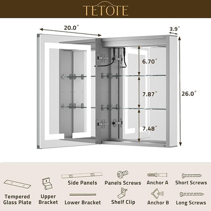 TETOTE LED Lighted Medicine Cabinet Mirror for Bathroom 20 x 26 Tempered Glass Recessed or Wall Mounted Cabinet with Storage & Outlets & USB, 3-Color Dimming Led Lights, Defogger, Adjustable Shelve