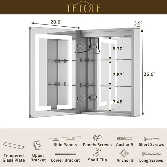 TETOTE LED Lighted Medicine Cabinet Mirror for Bathroom 20 x 26 Tempered Glass Recessed or Wall Mounted Cabinet with Storage & Outlets & USB, 3-Color Dimming Led Lights, Defogger, Adjustable Shelve