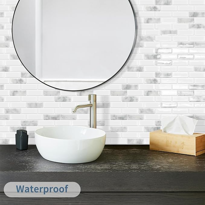 DEWOO Peel and Stick Backsplash 3D Self Adhesive Wall Tiles Grey 10 Sheet | Sticky,Vinyl,Rental friendly,Marble,for Kitchen,Bathroom,Sink,12"x12"