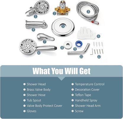 Aolemi Tub Shower Faucet Set Dual 8 Mode Head Valve Kit Polish Chrome | Valve and Trim Kit, ABS Shower Head and Handheld System, Bathroom Bath Tub Spout 6.3",SUS304,Single Handle