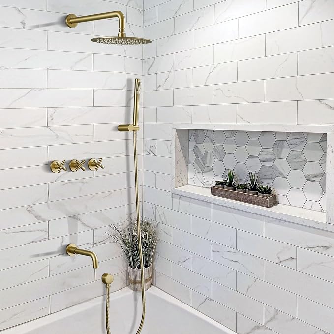 RBROHANT Brushed Gold Shower System with Tub Spout, Brass Bathtub Shower Faucet Set with 3 Way Rough-in Valve,10 Inch Round Shower Head Set with Tub Spout and Handheld, JK0299