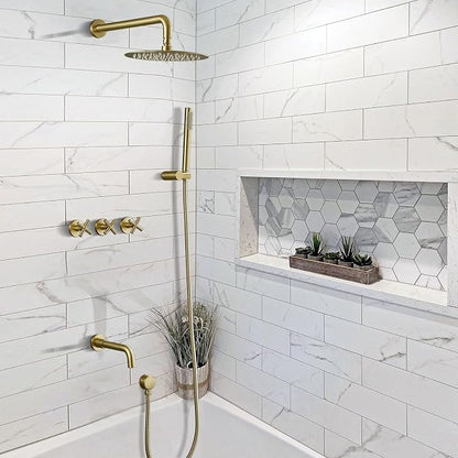 RBROHANT Brushed Gold Shower System with Tub Spout, Brass Bathtub Shower Faucet Set with 3 Way Rough-in Valve,10 Inch Round Shower Head Set with Tub Spout and Handheld, JK0299