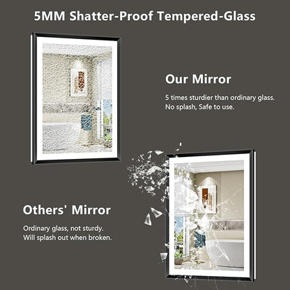24x32 Black Framed LED Bathroom Mirror with Lights, Backlit and Front Light, Lighted Bathroom Vanity Mirror for Wall Dimmable Anti-Fog Memory Tempered Glass Horizontal/Vertical