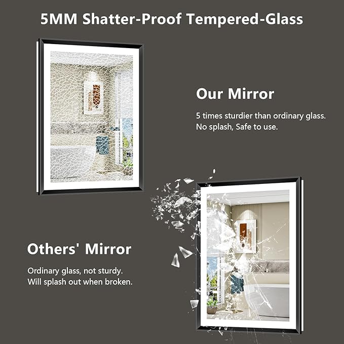 40x32 Black Framed LED Bathroom Mirror with Lights, Backlit and Front Light, Lighted Bathroom Vanity Mirror for Wall Dimmable Anti-Fog Memory Tempered Glass Horizontal/Vertical