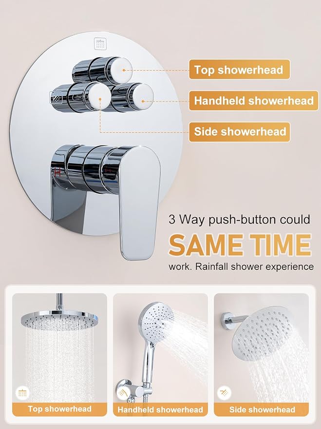 Woindo Shower Faucet Set 10" Rain Shower Head/8'' Side Shower Head and 3 Setting Handheld Ceiling Mount 3 Push Button Diverter Complete Rainfall Round Shower System Included Valve Trim Kit