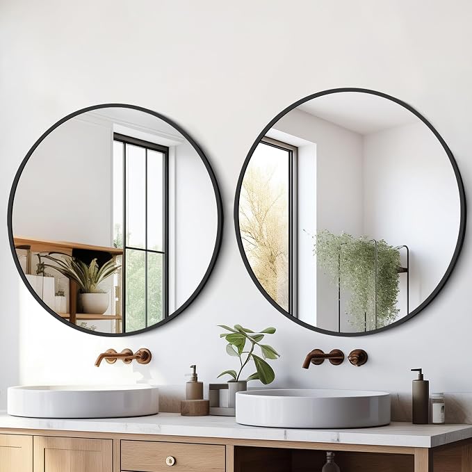 22 Inch Black Round Circle Mirror for Bathroom Wall, Metal Frame | HD tempered glass for clear, distortion-free reflection. Mounting hardware included for vertical or horizontal wall mount.