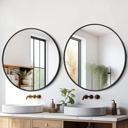 22 Inch Black Round Circle Mirror for Bathroom Wall, Metal Frame | HD tempered glass for clear, distortion-free reflection. Mounting hardware included for vertical or horizontal wall mount.