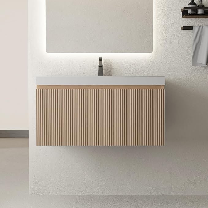 30 Inch Floating Bathroom Vanity with Sink, Wall-Mounted Striped Storage Cabinet with Soft-Close Drawer, Glossy White Solid Surface Basin, Fully Assembled, Natural Oak Finish