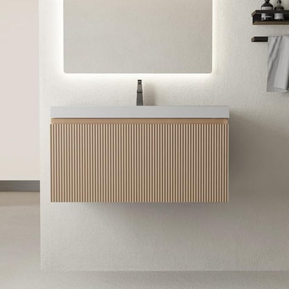 30 Inch Floating Bathroom Vanity with Sink, Wall-Mounted Striped Storage Cabinet with Soft-Close Drawer, Glossy White Solid Surface Basin, Fully Assembled, Natural Oak Finish