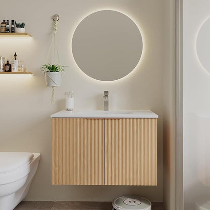 Modern Bathroom Vanity with Sink, Floating Wall Mount Cabinet with Wavy Textured Doors, Waterproof Storage for Small Bathroom, Soft-Close Design, Nature Wood (30")