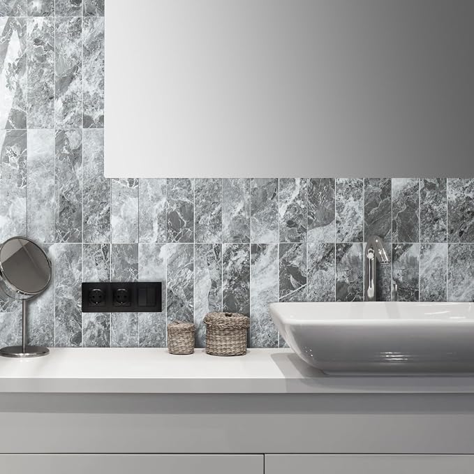 AULIGET 4-Piece Polished Grey Marble with Silver Peel and Stick Backsplash Wall Tiles, 3" x 12" PVC Faux Stone Stick on Tiles for Backsplash Kitchen, Bathroom, Laundry Room, Camper, Fireplace