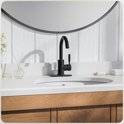 Phiestina Single Hole Matte Black Single-Handle High-Arc Stainless Steel Faucet for Pre-Kitchen Sink/Bar Sink/Bathroom Sink, with 4 Inch Deck Plate and Supply Hoses, Matte Black, WE08E-MB