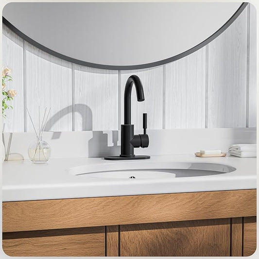 Phiestina Single Hole Matte Black Single-Handle High-Arc Stainless Steel Faucet for Pre-Kitchen Sink/Bar Sink/Bathroom Sink, with 4 Inch Deck Plate and Supply Hoses, Matte Black, WE08E-MB