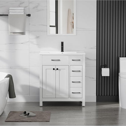 LUCKWIND 30" Modern Bathroom Vanity with Sink, Painted Storage Cabinet with Undermounted Sink, Two Doors and Three Drawers, Include Faucet Without Mirror, White