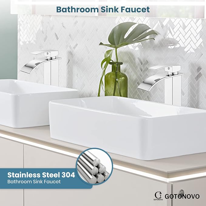 gotonovo Waterfall Tall Bathroom Faucet 1 Hole No Drain, Polish Chrome | Modern Vessel Sink Faucet Single Handle 304 Stainless Steel,24” cUPC Supply Hoses,for Bowl Basin Lavatory Vanity Restroom RV