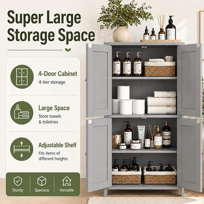 Nuturelly Bathroom Floor Storage Cabinet, 4 Doors, Anti-Tip, Grey | 23.7"D x 11.9"W x 42.6"H, Adjustable Shelves, Shaker style, 5-position Shelves, Anti-tip Kit, Rounded Corners, Easy Assembly