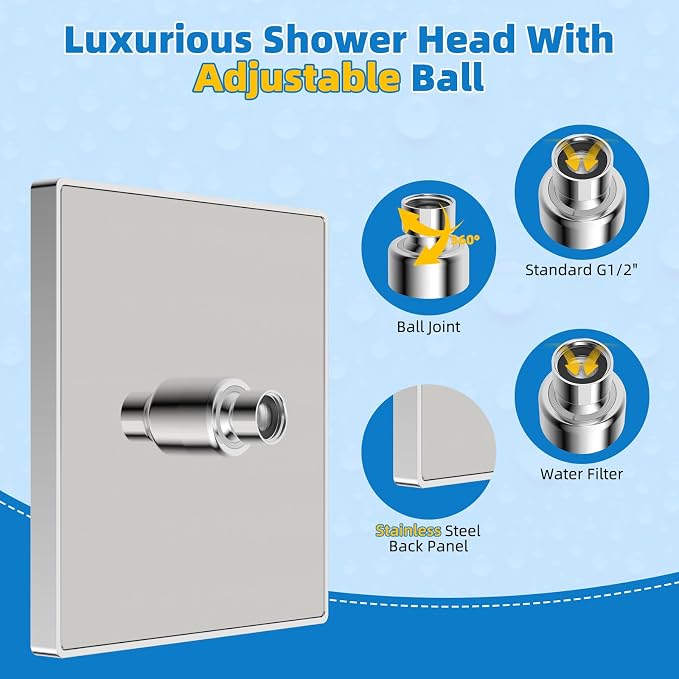 Hibbent cUPC Certified Thickness Metal 8'' Square Rain Shower Head, Chrome | High Pressure Shower Head, Bathroom Waterfall Shower Heads, High Flow Fixed Showerheads with Adjustable Brass Ball Joint