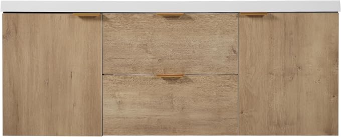 SOFTSEA 60" Double Sink Bathroom Vanity, Floating Bathroom Cabinet with 2 Storage Drawers & Soft Close Doors, Modern Wall Mounted Double Vanity with SMC Sink, Golden Handle, Wood