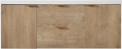 SOFTSEA 60" Double Sink Bathroom Vanity, Floating Bathroom Cabinet with 2 Storage Drawers & Soft Close Doors, Modern Wall Mounted Double Vanity with SMC Sink, Golden Handle, Wood