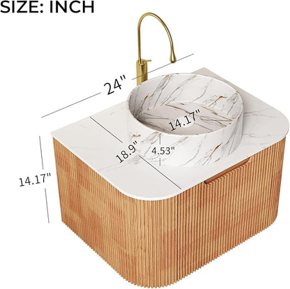 LKTART 24 Inch Floating Bathroom Vanity with Sink, Modern Wall Mounted Bathroom Storage Cabinet with Drawer, Stone Pattern Round White Ceramic Sink Top and Marble Texture Top, Natural Wood