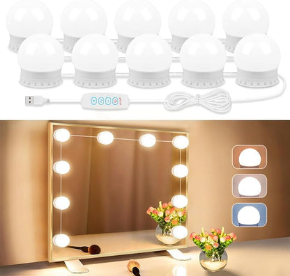 LED Vanity Lights For Mirror, Vanity Lights Stick on with 10 Dimmable Bulbs | 3000K 4000K 6500K & 10 Level Brightness Adjustable, USB Cable, Hollywood Mirror Lights for Makeup Dressing Room Bathroom