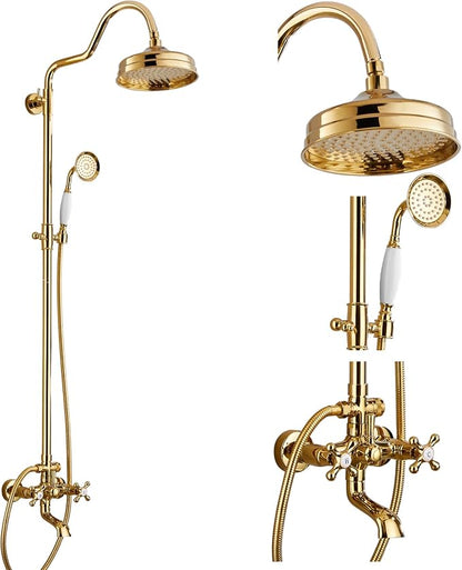 gotonovo Exposed Bathroom Shower System Two Cross Handle Polished Gold | Vintage Brass Tub Shower Faucet Set,8’’ Rain Head with Handheld Spray,Swivel Tub Spout,6’’ Hole Distance,Adjustable Height