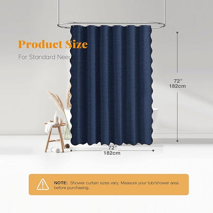 BTTN Navy Blue Scalloped Shower Curtain, Linen Textured Cute Fancy Heavy Duty Fabric Shower Curtain Set with Plastic Hooks, Hotel Luxury Waterproof Cloth Shower Curtains for Bathroom Bathtub, 72x72