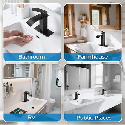 Matte Black Bathroom Faucets, Waterfall Bathroom Sink Faucet Modern Single Handle Bathroom Faucte 1 or 3 Hole, RV Mixer Tap Vanity Faucet - Includes Supply Hoses Deck Plate