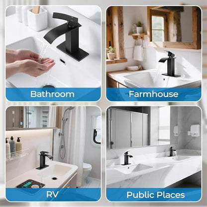 Matte Black Bathroom Faucet with Waterfall Spout and Pop-up Drain | SUS 304 Stainless Steel, Single Handle, 1 or 3 Hole Sink, RV Vanity, Deck Plate, Supply Hoses, NSF372 NSF61 cUPC