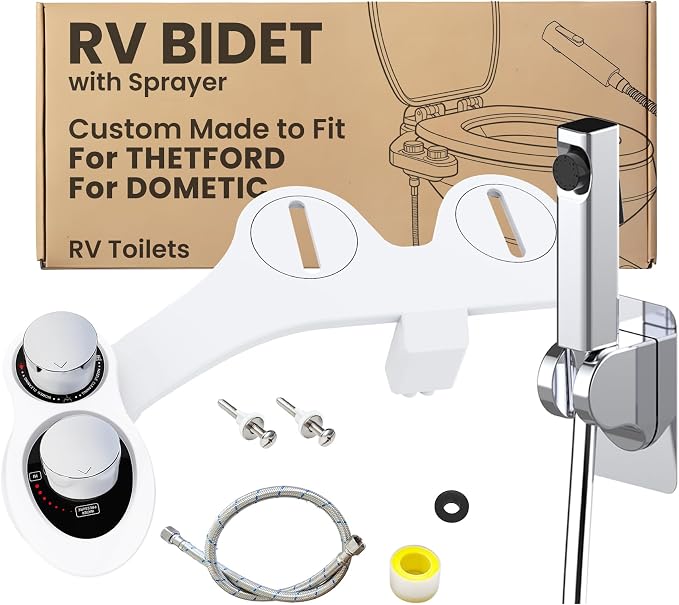 2-in-1 RV Bidet Attachment and Handheld Sprayer Combo for Camper Toilet, Non-Electric Dual Nozzle Toilet Bidet with Metal Spray Wand, Adjustable Pressure