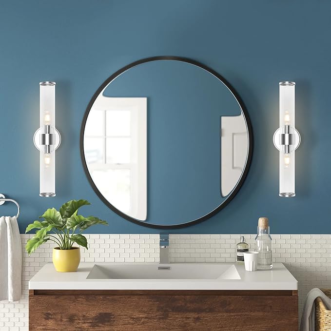 JONATHAN Y 23" Chrome Modern Mid-Century LED Vanity Light Sconce for Bathroom, Hallway, Bedroom Wall Mounted Fixture with Striped Clear Glass Shade, LED Bulb Included (JYL3538A)