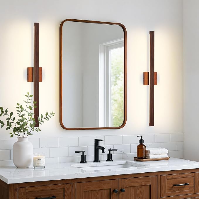 Bathroom Vanity Light 32 Inch, 26W Dimmable 5CCT LED Bathroom Light Fixture Over Mirror Brown Wood Finish Vanity Lighting Fixture Bar with Up & Down Lighting for Restroom Bedroom