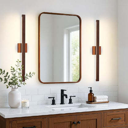 Bathroom Vanity Light 32 Inch, 26W Dimmable 5CCT LED Bathroom Light Fixture Over Mirror Brown Wood Finish Vanity Lighting Fixture Bar with Up & Down Lighting for Restroom Bedroom