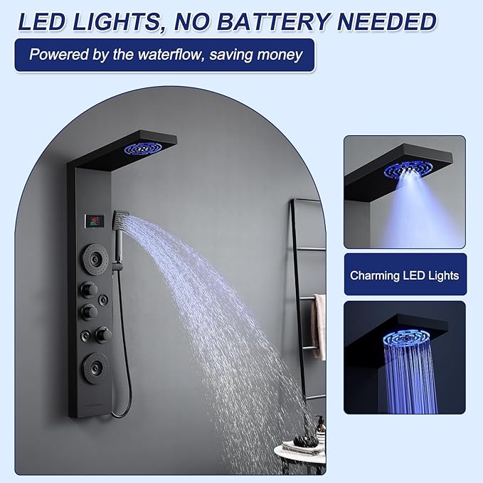ROVATE LED Shower Panel Tower System with Rainfall Mist Shower Head, Matte Black 6-in-1 Shower Tower with Jets and Handheld and Digital Temperature Display, High Pressure Shower Column with Tub Spout