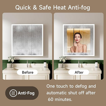 LED Lighted Medicine Cabinet with Mirror, 30x32 Inches, Recessed or Wall Mounted, Anti-Fog, 3 Color Temperature, Adjustable Brightness, Bathroom Storage Cabinet