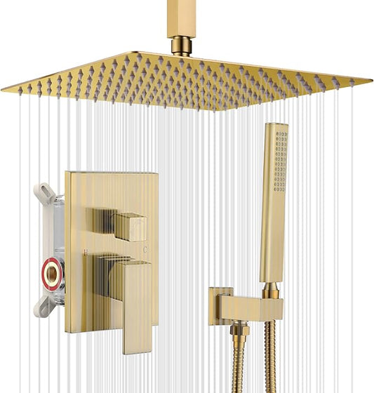 Iriber Brushed Gold Ceiling Mount Rain Shower System with 12 Inch Shower Head and Handheld Bathroom Golden Shower Set Contain Shower Faucet Mixer Trim Kit (Valve Cartridge Included)