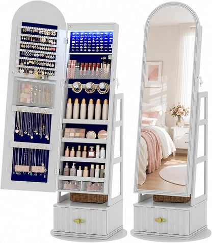 Vlsrka Arched LED Mirror Jewelry Cabinet with Full Length Mirror, White | Lockable Jewelry Armoire Cabinet, 360° Swivel Jewelry Organizer with Drawer Storage, Foldable Makeup Shelf, 2 Rear Hooks