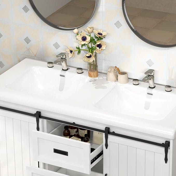 47 inch Bathroom Sink Vanity Combo, Large Freestanding Double Bath Vanity Sink Set with 2 Drawers & 2 Sliding Doors,Dual Basin Bathroom Storage Cabinet,Grey