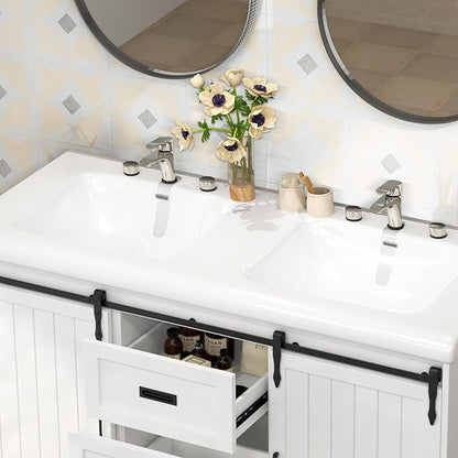 47 inch Bathroom Sink Vanity Combo, Large Freestanding Double Bath Vanity Sink Set with 2 Drawers & 2 Sliding Doors,Dual Basin Bathroom Storage Cabinet,Grey