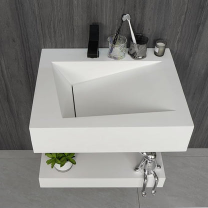 24”x19" Wall-Mount Stone Resin Bathroom Sink Rectangular Vessel Sinks for Bathroom Floating Vanity Sink Trough Modern Art Basin with Shelf Layer
