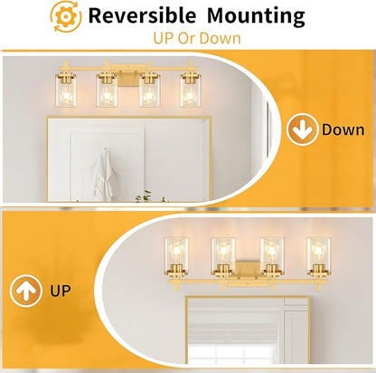 4-Lights Gold Bathroom Vanity Light Over Mirror, Brushed Gold Bathroom Wall Lights with Glass Shades, Indoor Wall Mounted Lamp for Living Room Bedroom Hallway