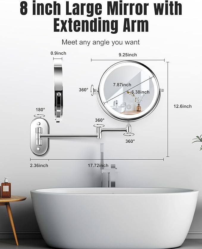 30X/1X 8 Inch Wall Mounted Magnifying Makeup Mirror with Light for Bathroom | 3500mAh Double Sided Rechargeable LED Lighted Vanity Mirror with Magnification 3 Color Light up Extended Arm 360 Rotation