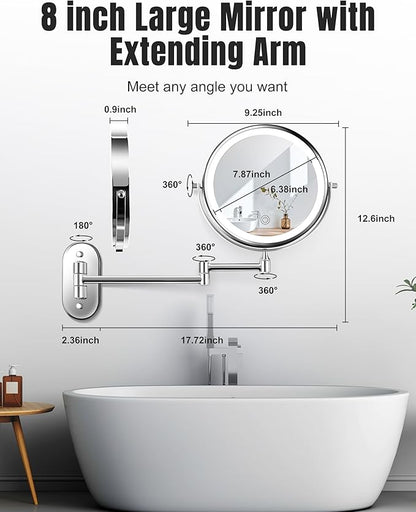 30X/1X 8 Inch Wall Mounted Magnifying Makeup Mirror with Light for Bathroom | 3500mAh Double Sided Rechargeable LED Lighted Vanity Mirror with Magnification 3 Color Light up Extended Arm 360 Rotation