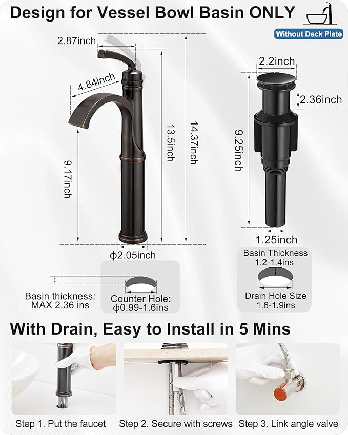 Waterfall Vessel Sink Faucet Oil Rubbed Bronze, Brass Tall Bathroom Faucet with Pop-up Drain, cUPC Supply Hoses, Single Handle for Vanity, Farmhouse, 1 Hole Vessel Sink, 5 Mins Quick Install