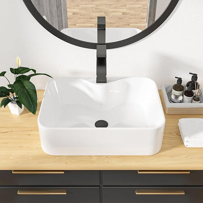 19"x15" Rectangle Bathroom Vessel Sink with Faucet Combo Porcelain Ceramic White Vanity Sink Above Counter Modern Sink with Faucet Hole for Lavatory, Hotel Art Basin, Home Washing Basin