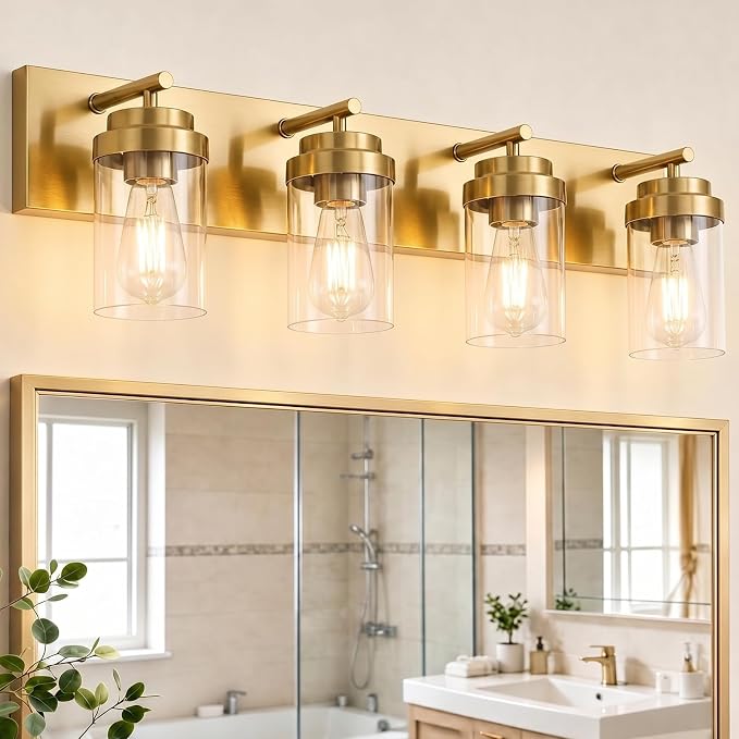 4-Light Bathroom Light Fixtures, Brushed Gold Vanity Lights | Modern Bathroom Lighting Fixtures Over Mirror, Vanity Lights for Bathroom, Mirror, Restroom, Bedroom, E26